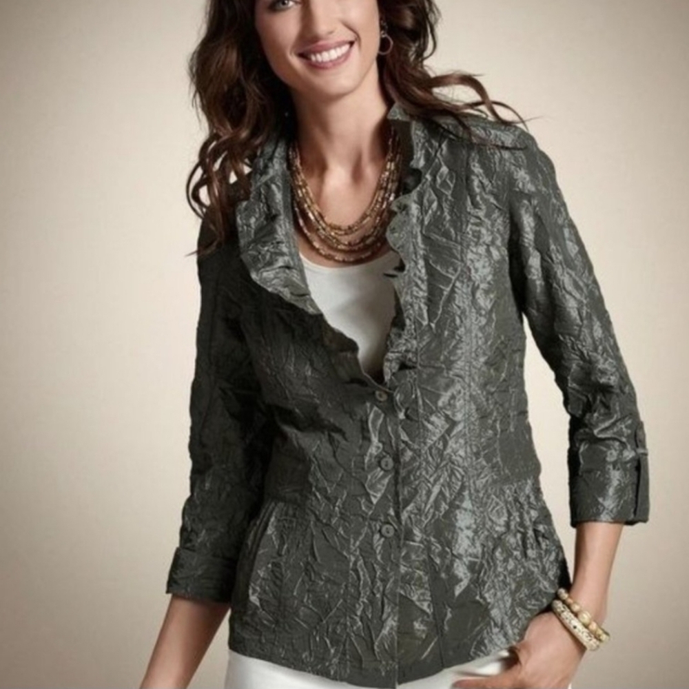 Chicos Jolene Metallic Green Crinkle Jacket/Topper/Blouse Size 3